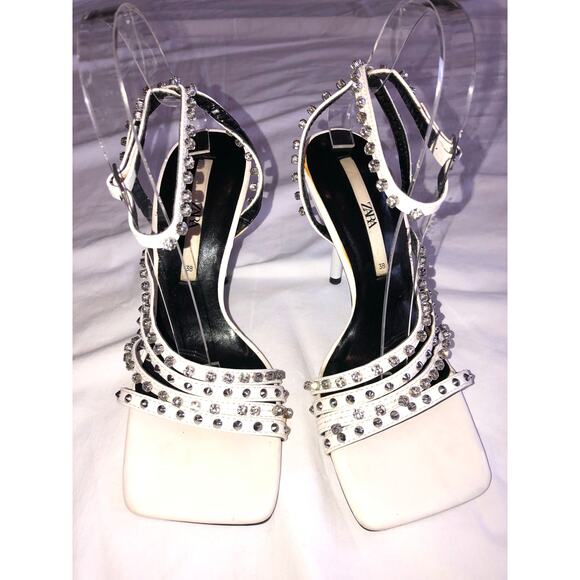Zara Studded High Heel Sandals Size 38 White Silver Crystals Square Toe 7.5 US - Picture 2 of 8